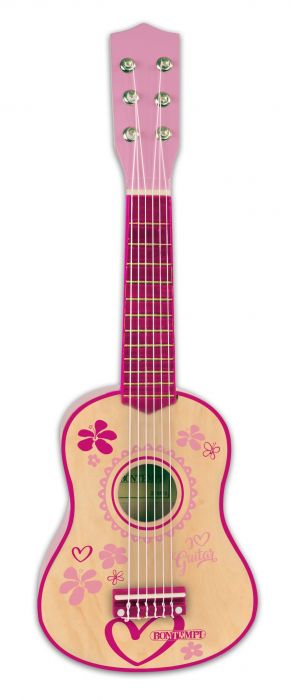 Chitara clasica lemn Bontempi, 55 cm, cu 6 corzi metalice si stickere Roz, 36 luni+