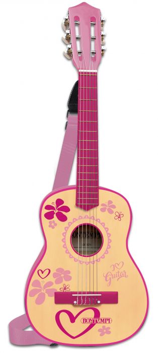 Chitara clasica lemn Bontempi, 75 cm, cu 6 corzi metalice si stickere roz, 5 ani+
