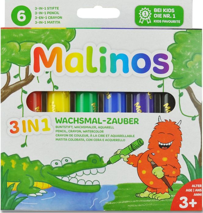 Set creioane retractabile 6 culori Malinos, 36 luni+