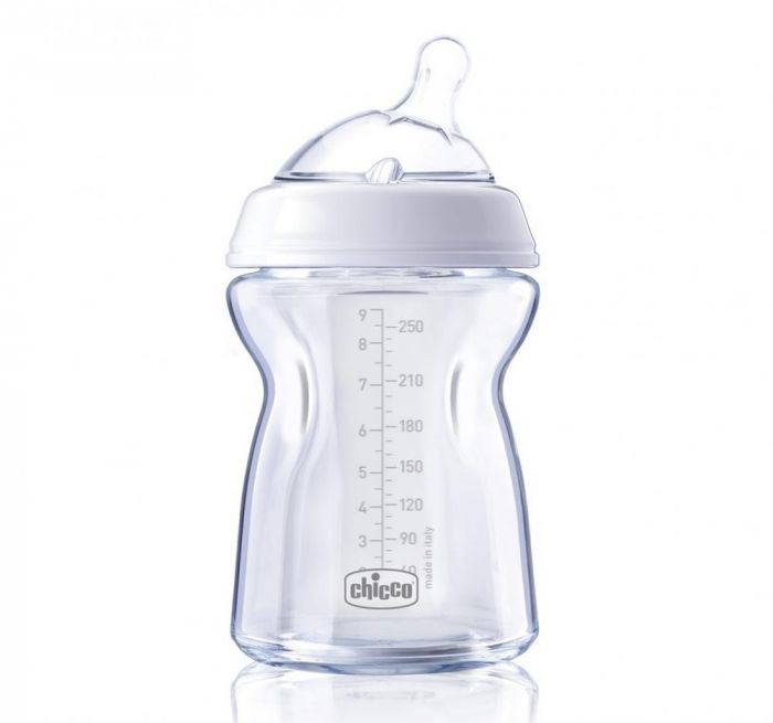 Biberon sticla Natural Feeling Chicco, 250 ml, tetina silicon, flux normal, 0%BPA, 0 luni+