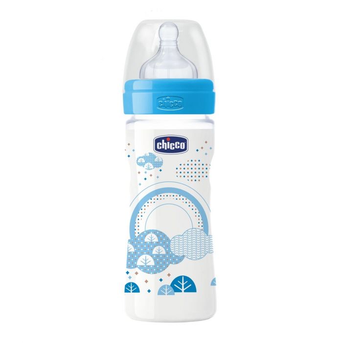 Biberon Chicco 250 ml, tetina silicon, flux mediu, 0%BPA, bleu, 2 luni+