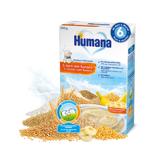 Cereale Humana 5 Cereale si banane, 200g, cu lapte, 6 luni+