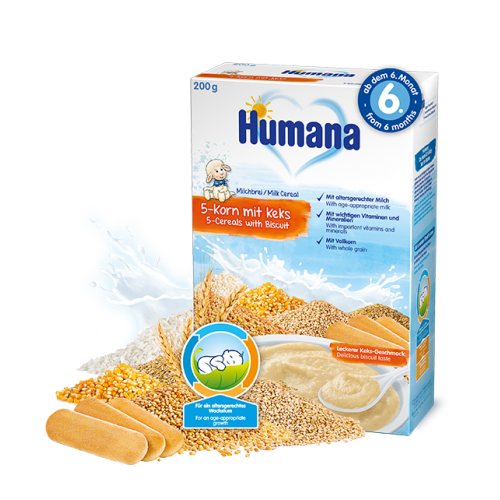 Cereale Humana 5 cereale si biscuiti, 200g, cu lapte, 6 luni+