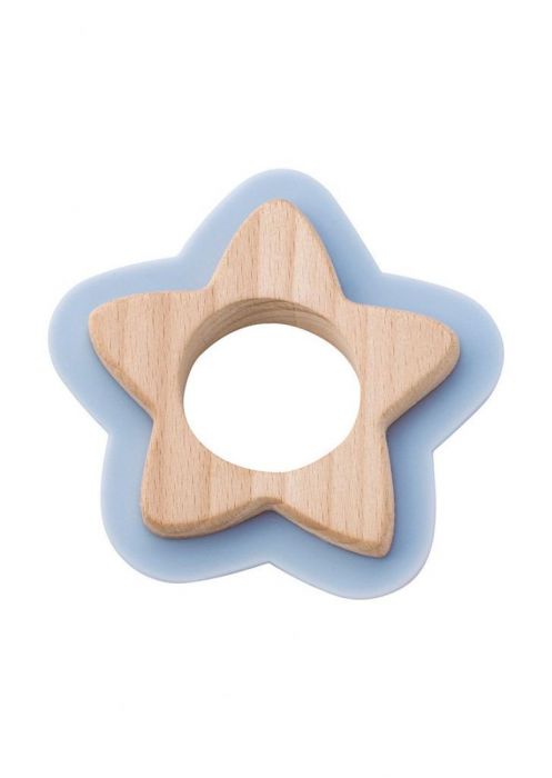 Jucarie dentitie lemn Star Saro Baby, cu silicon organic, Bleu