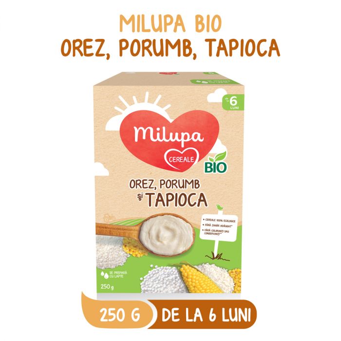 Cereale BIO Milupa Orez, porumb si tapioca, 250 g, 6 luni+