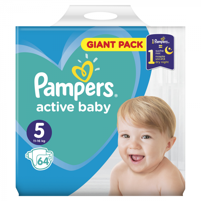 Scutece Pampers Active Baby Giant Pack, Marimea 5, 11-16 kg, 64 buc