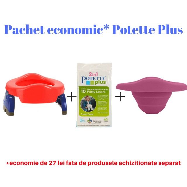 Pachet economic Potette Plus Rosu: olita portabila, liner reutilizabil si 10 pungi biodegradabile