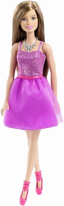 Papusa Barbie Tinute stralucitoare, bruneta, cu rochita mov, 3 ani+