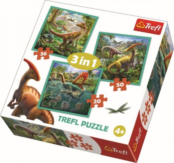 Puzzle 3 in 1 Lumea extraordinara a dinozaurilor Trefl, 106 piese, 4 ani+