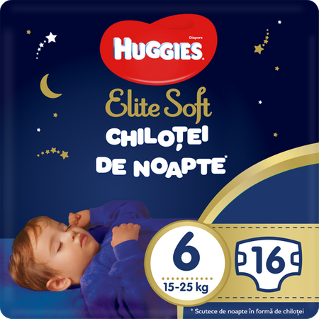 Scutece-chilotei de noapte Huggies Elite Soft, marimea 6, 15-25 kg, 16 buc