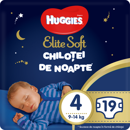 Scutece-chilotei de noapte Huggies Elite Soft, marimea 4, 9-14 kg, 19 buc