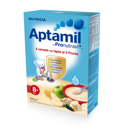 Cereale Aptamil cu lapte, 4 cereale si 3 fructe, 225g, 8 luni+
