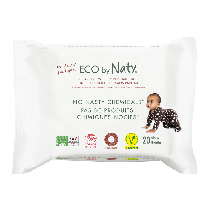 Servetele umede Sensitive ECO by Naty, pentru calatorie, fara parfum, 20 buc
