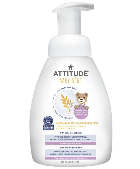 Spuma pentru spalat sticlute si vase Sensitive Skin Baby Attitude, hipoalergenic, fara miros, 295 ml