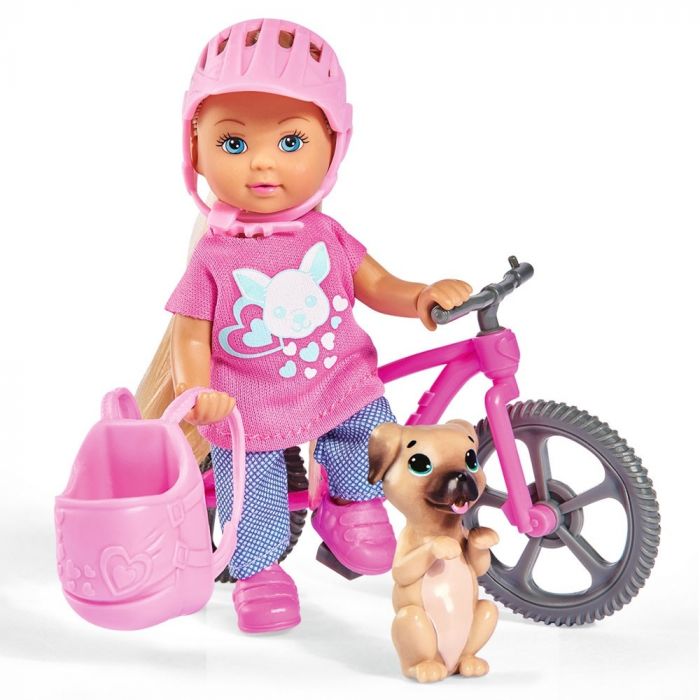 Papusa Evi Love Holiday Bike Simba, 12 cm, cu bicicleta si catelus, 3 ani+